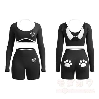 MODAKAWA X popipeko Puppy Graphic Tight Long Sleeve Yoga Top & Shorts Set - Black - XL - image 11