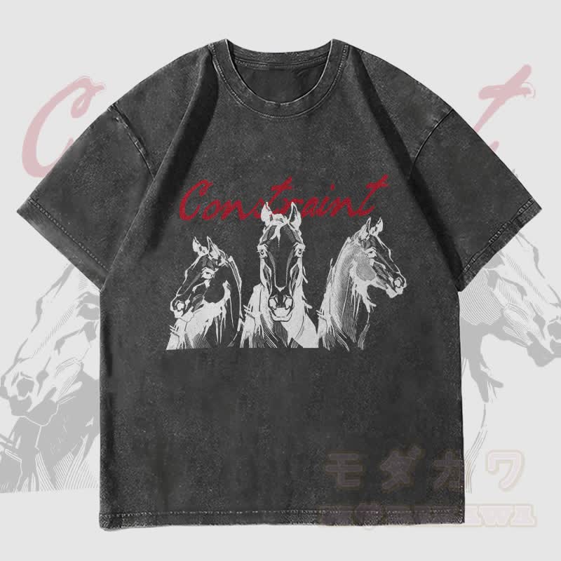MODAKAWA CONSTRAINT Pferde-Grafik Unisex Vintage Washed T-Shirt - Schwarz - 4XL - image 4