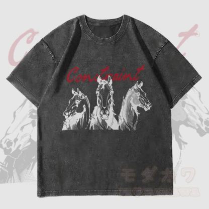 MODAKAWA CONSTRAINT Pferde-Grafik Unisex Vintage Washed T-Shirt - Schwarz - 4XL - image 4