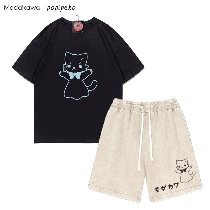 Zweiteiliges Set mit T-Shirt mit Kitty-Grafik und verwaschenen Vintage-Shorts - Black&Apricot - 3XL - image 5