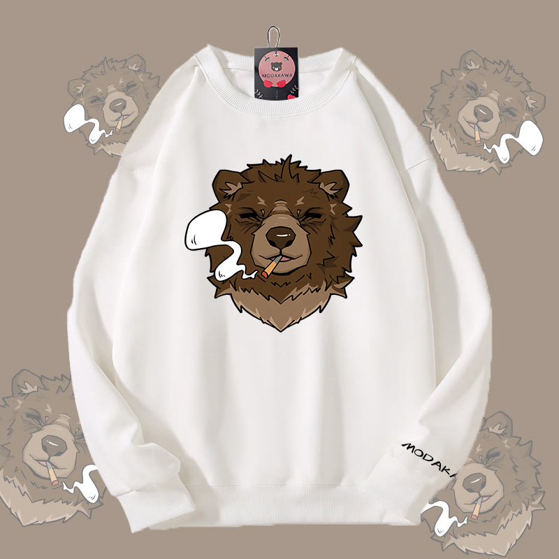 MODAKAWA Smoking Bear Graphic Unisex Sweatshirt - White - 5XL - image 3