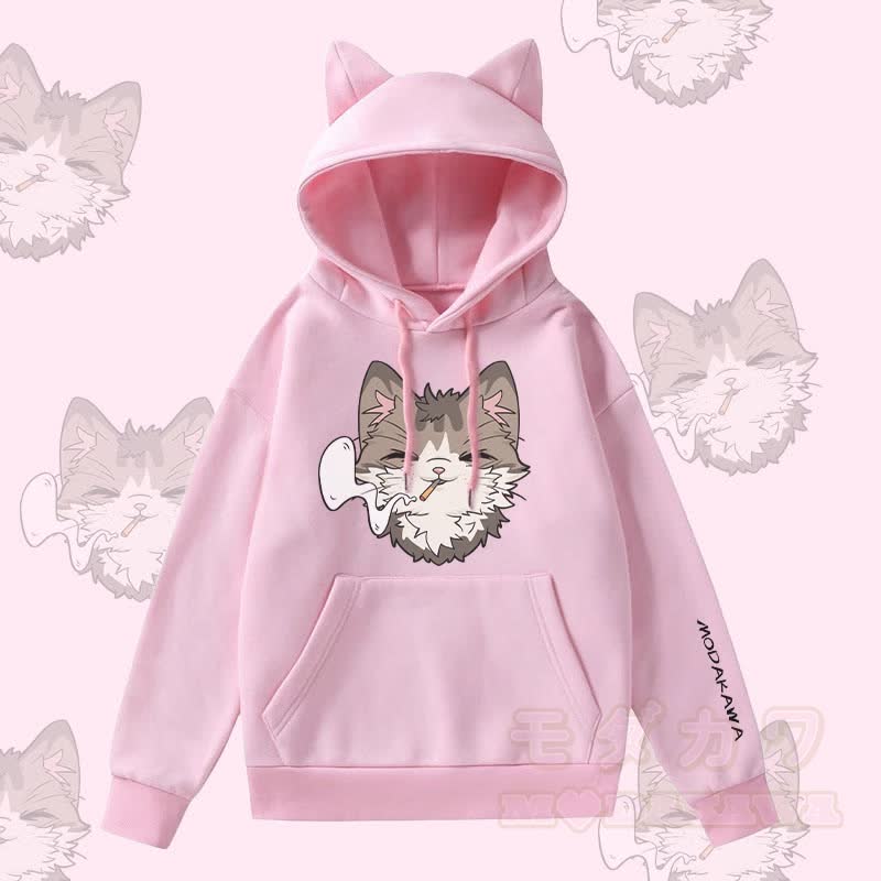 MODAKAWA Kapuzenpullover mit Raucherkatzen-Motiv, Katzenohren-Tasche und Fleece-Futter - Rosa - 2XL - image 3