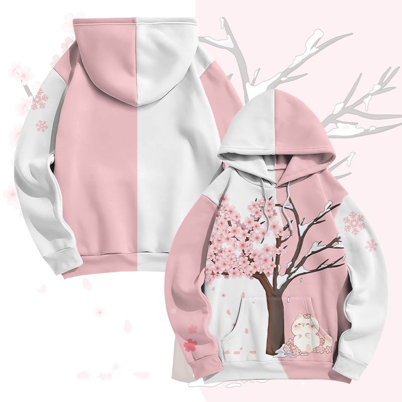 MODAKAWA Pullover-Hoodie mit Katzenmotiv unter dem Kirschbaum und Allover-Print - White&Pink - 8XL - image 2