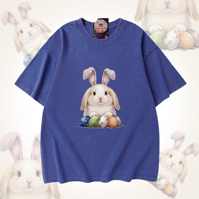 Modakawa Unisex Vintage Washed T-Shirt mit Osterhasen-Motiv - Blue - 5XL - image 3