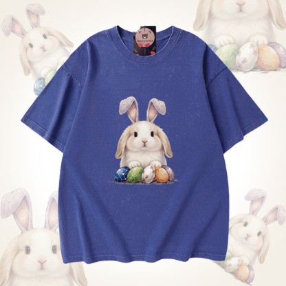 Modakawa Unisex Vintage Washed T-Shirt mit Osterhasen-Motiv - Blue - 5XL - image 3