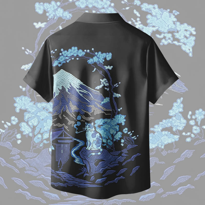 Modakawa Kimono-Hemd mit rauchender Katze und schneebedeckten Bergen - image 5