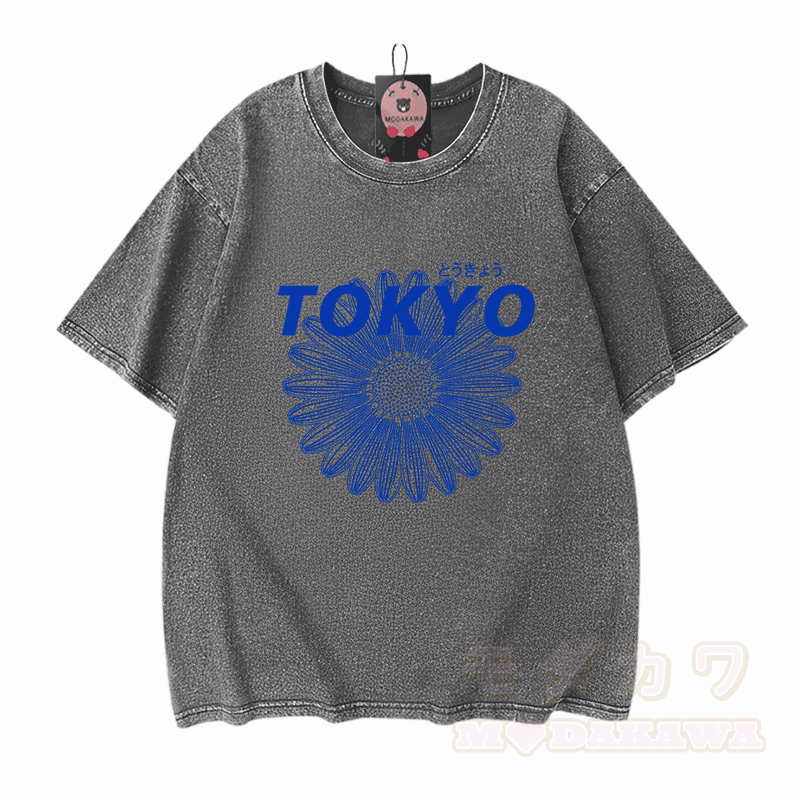 TOKYO Blumengrafik Modakawa Vintage gewaschenes T-Shirt aus 100% Baumwolle - Grau - 5XL - image 9