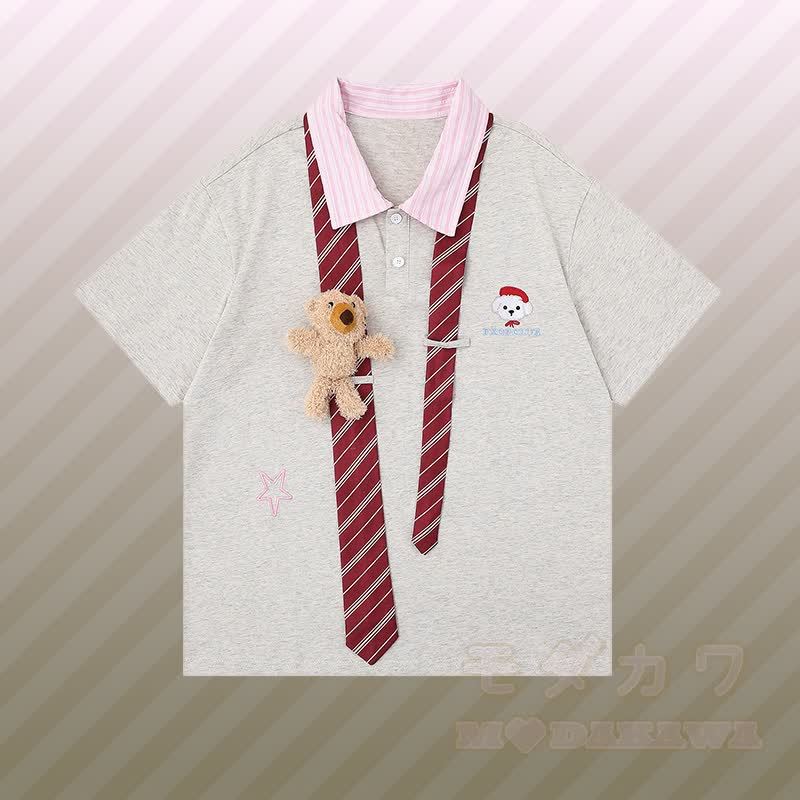 3D-Bärenstreifen-Krawatte, Farben abgesetztes Polo-Shirt, zerrissene Jeans, Modakawa-Partnerlook - Graues T-Shirt - XL - image 5