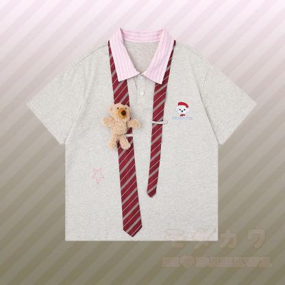 3D-Bärenstreifen-Krawatte, Farben abgesetztes Polo-Shirt, zerrissene Jeans, Modakawa-Partnerlook - Graues T-Shirt - XL - image 5