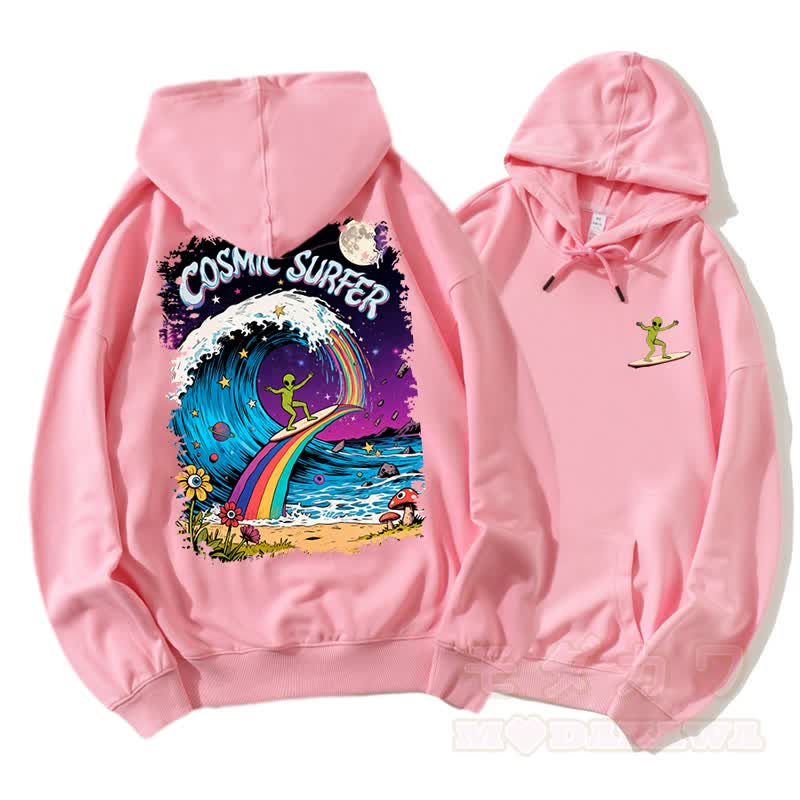 COSMIC SURFER Alien Surfing On Rainbow Wave Graphic Paar Passender Hoodie - Rosa - 5XL - image 6