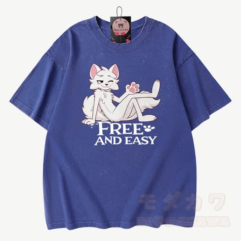 FREE AND EASY: Anime-Fuchs-Grafik, Modakawa Vintage-Waschung, 100 % Baumwolle, T-Shirt - Blau - 3XL - image 8