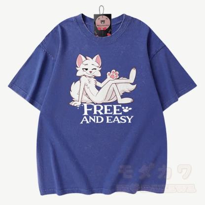 FREE AND EASY: Anime-Fuchs-Grafik, Modakawa Vintage-Waschung, 100 % Baumwolle, T-Shirt - Blau - 3XL - image 8