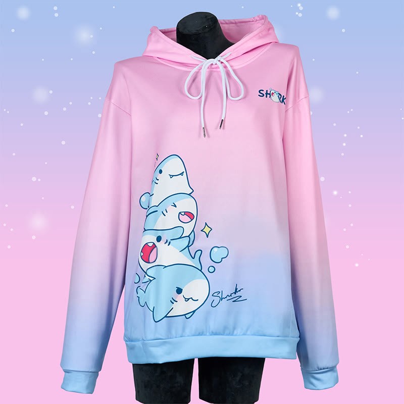 Modakawa Shark Letter Print Loose Hoodie - Pink&Blue - 8XL - image 10