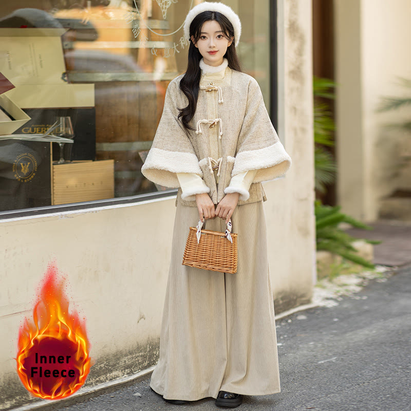 Vintage-Jacke mit quadratischem Ausschnitt, Oberteil mit Schnalle, Hose mit weitem Bein, dreiteiliges Set - Kamelfarbenes Innenfleece - L - image 5