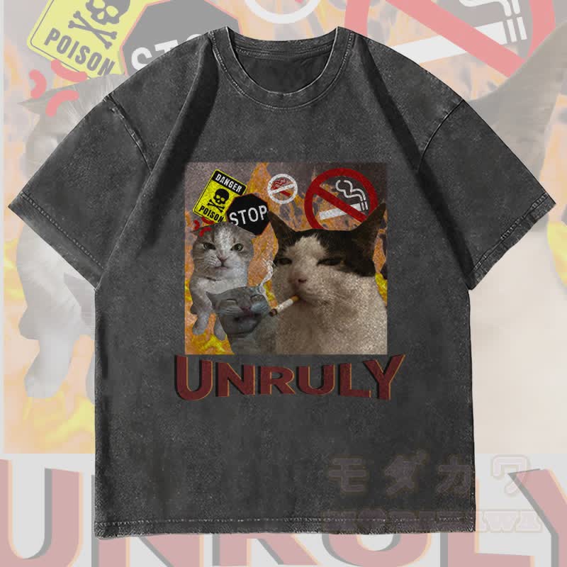 MODAKAWA UNRULY Rebel Cat Grafik Unisex Vintage Washed T-Shirt - Schwarz - 4XL - image 4