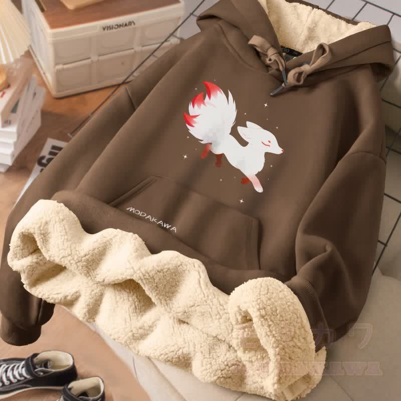 MODAKAWA Winterhoodie mit neunschwänzigem Fuchs-Motiv, dick gefüttert mit Fleece - Braun - 2XL - image 3