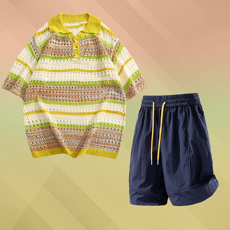 Gestreiftes Poloshirt aus offenem Strick, schnelltrocknende Shorts mit Kordelzug, passendes Outfit von Modakawa - Two Pieces Set E - 2XL - image 5