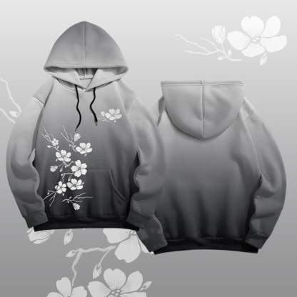 MODAKAWA Vintage Pullover Hoodie mit Pflaumenblüten-Grafik - Grey - 8XL - image 3
