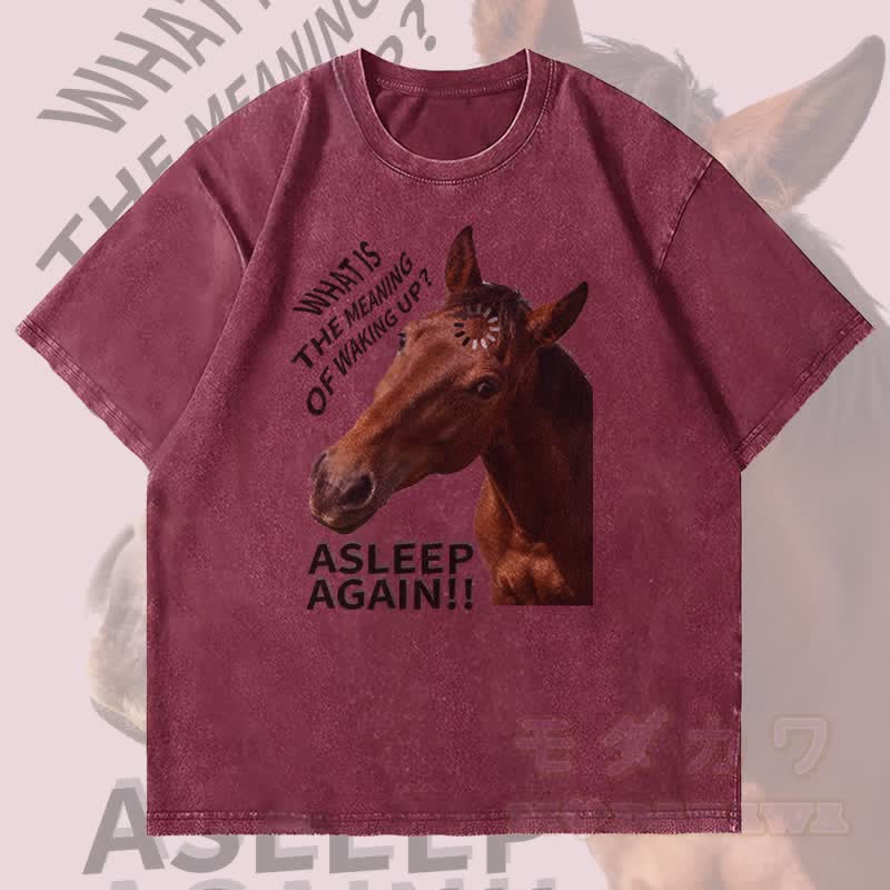 MODAKAWA WAS IST DIE BEDEUTUNG DES AUFWACHENS? Pferde-Grafik Unisex Vintage Washed T-Shirt - Weinrot - 4XL - image 4