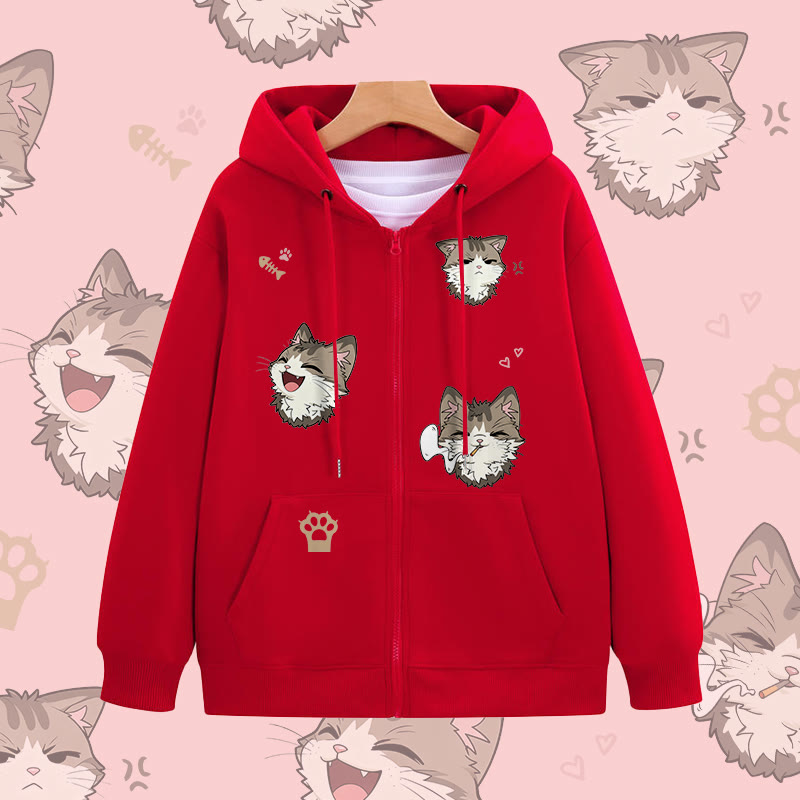 MODAKAWA Kapuzenpullover mit fröhlichem Katzenmotiv und Reißverschluss - Red - 5XL - image 3