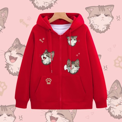 MODAKAWA Kapuzenpullover mit fröhlichem Katzenmotiv und Reißverschluss - Red - 5XL - image 3