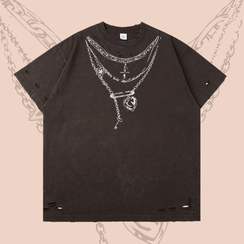 Modakawa Ripped T-Shirt mit Kettenmotiv - Dark Brown - 2XL - image 2