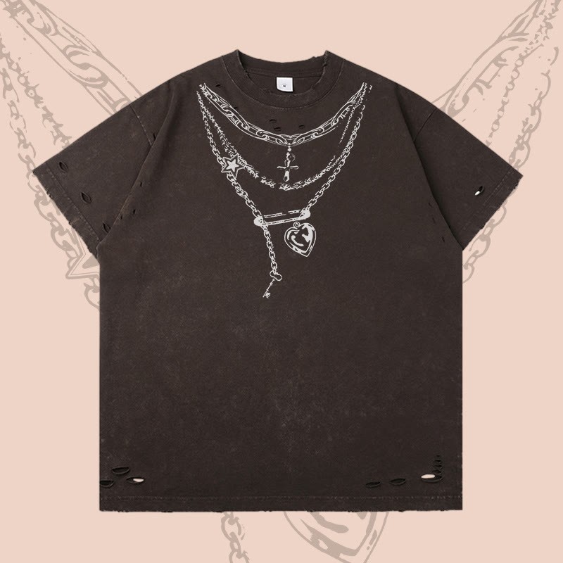 Modakawa Ripped T-Shirt mit Kettenmotiv - Dark Brown - 2XL - image 2