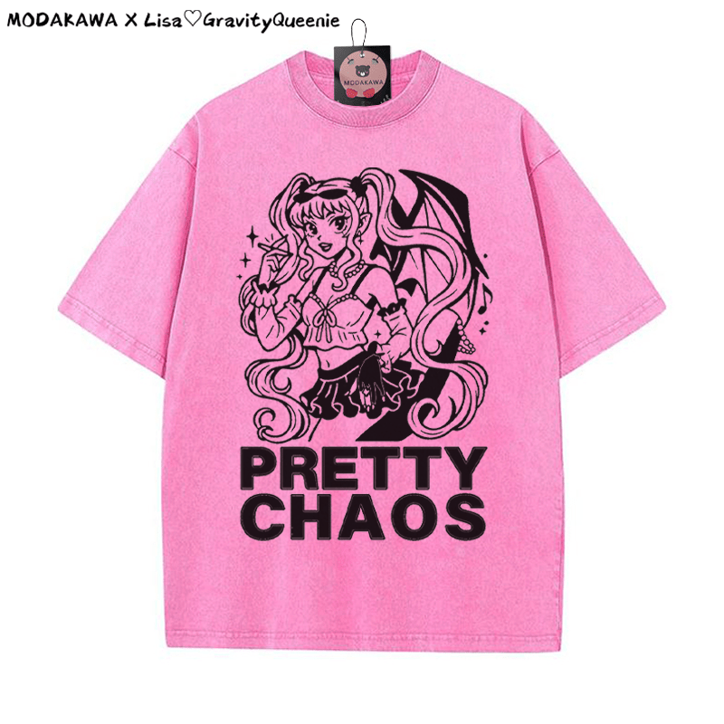PRETTY CHAOS Mädchen Grafik Unisex Vintage gewaschenes T-Shirt - Rosenrot - 5XL - image 7