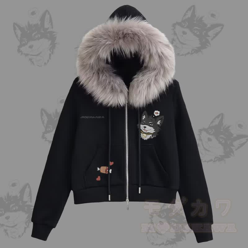 MODAKAWA Kapuzenpullover mit verspieltem Koda-Welpenmotiv, Fleecefutter und Kunstpelzbesatz, Reißverschluss. - Schwarz - L - image 3