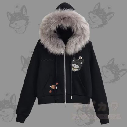 MODAKAWA Kapuzenpullover mit verspieltem Koda-Welpenmotiv, Fleecefutter und Kunstpelzbesatz, Reißverschluss. - Schwarz - L - image 3