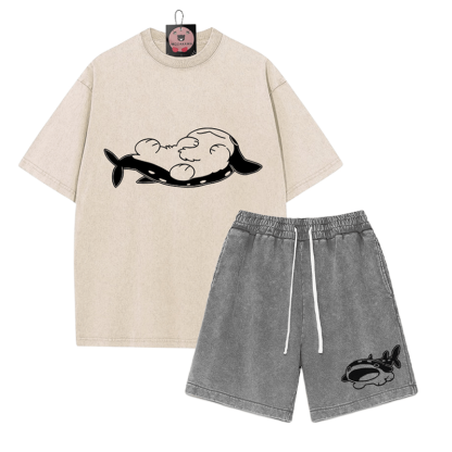Verspieltes T-Shirt mit Pupfish-Grafik und verwaschenen Shorts im Vintage-Stil, zweiteiliges Set - Apricot&Grey - 3XL - image 5