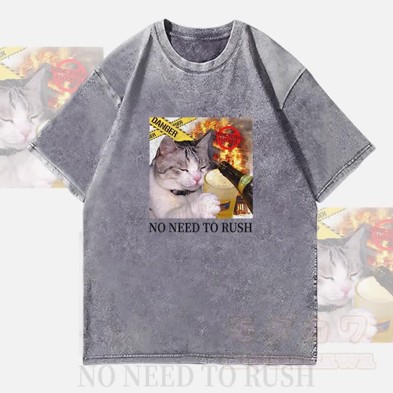 MODAKAWA NO NEED TO RUSH Trinkkatze Grafik Unisex Vintage Washed T-Shirt - Grau - 4XL - image 3
