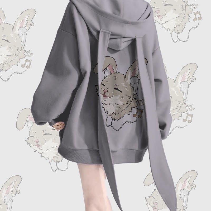 MODAKAWA Nabi Kapuzenpullover mit langem Hasenohren-Motiv und Reißverschlusstasche, der Musik auf die Haut zaubert - Grey - 2XL - image 4
