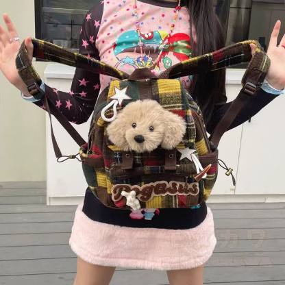 Kawaii-Rucksack mit Karomuster, Hundemotiv, Buchstabenstickerei, Freizeitrucksack - image 4