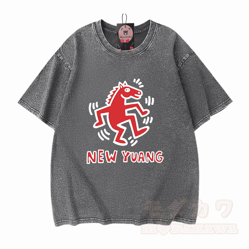 NEUES YUANG Pferde-Grafik Modakawa Unisex Vintage Washed T-Shirt - Grau - 5XL - image 11