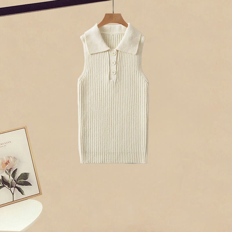 Dreiteiliges Set mit ärmellosem Strick-Oberteil und weitem Hosenrock - image 5