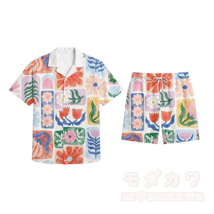 Bedrucktes Modakawa Hemd & Shorts Urlaubsset - Pink D - 5XL - image 16