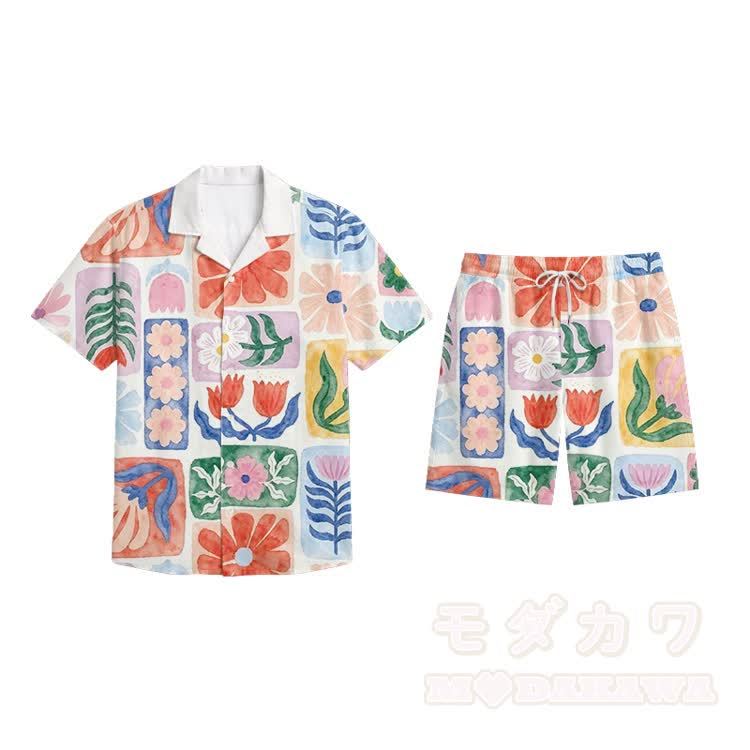 Bedrucktes Modakawa Hemd & Shorts Urlaubsset - Pink D - 5XL - image 16