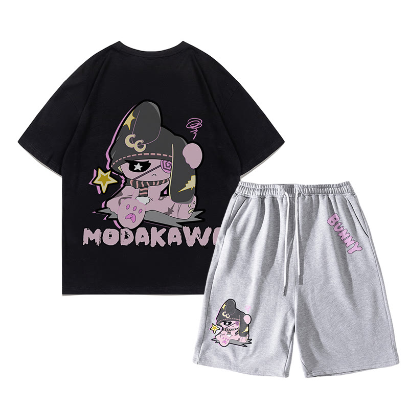 Unhappy Bunny Grafik Dunkle Ästhetik T-Shirt Shorts Zweiteiliges Set - Schwarz&Grau - C - 5XL - image 18