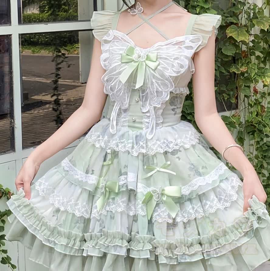 Grünes Sweet Lolita Prinzessinnenkleid mit Schmetterlingsschleife, Spitze und Rüschen für Damen - image 6