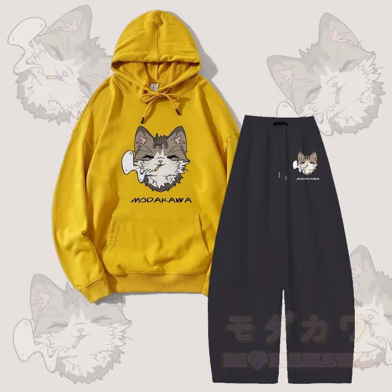 MODAKAWA Smoking Cat Grafik-Hoodie, weite Hose, zweiteiliges Set - Gelb & Schwarz - 5XL - image 6