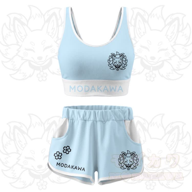 Neunschwänziger Fuchs Grafik Crop Tank Top Sport Shorts Modakawa passendes Outfit - Blaues Set - 5XL - image 15