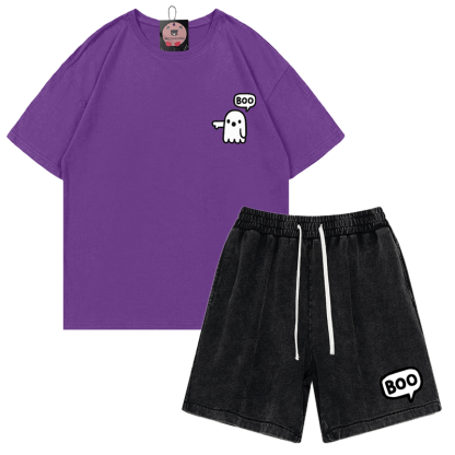 Zweiteiliges Set mit T-Shirt und Vintage-Waschung im Ghost-Print - Lila&Schwarz - 3XL - image 11