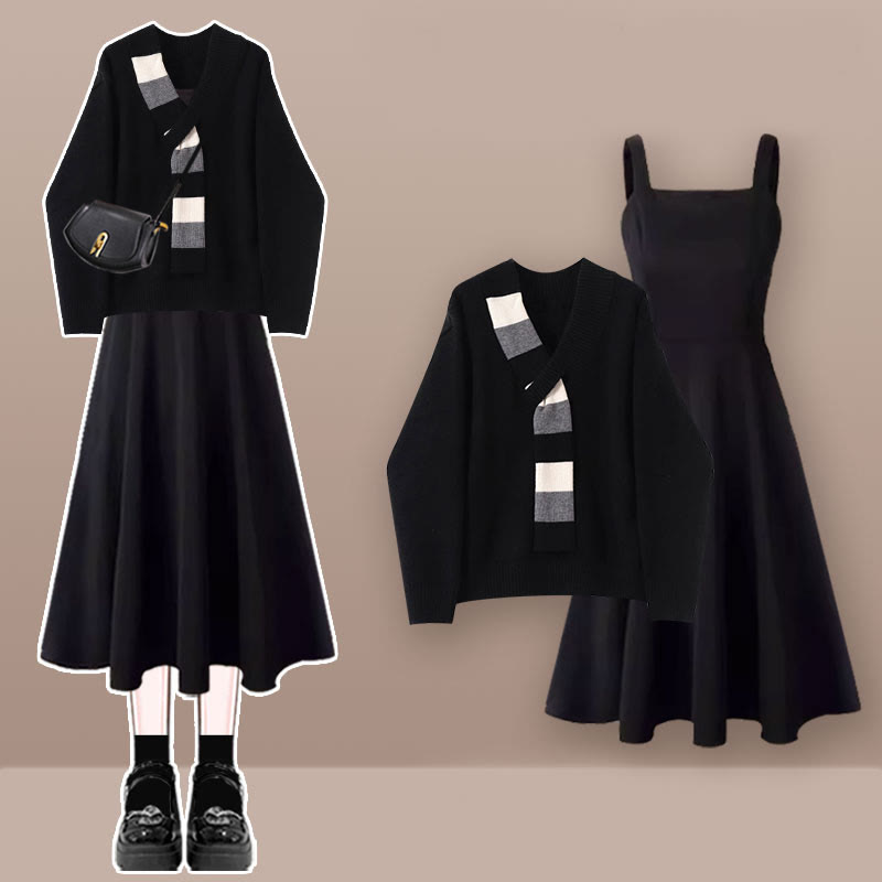 Zweiteiliges Set aus Strickpullover und Unterkleid in Farben - Schwarzes Set B - XL - image 6