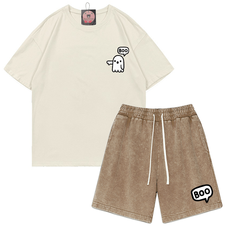Zweiteiliges Set mit T-Shirt und Vintage-Waschung im Ghost-Print - Aprikose&Braun - 3XL - image 5