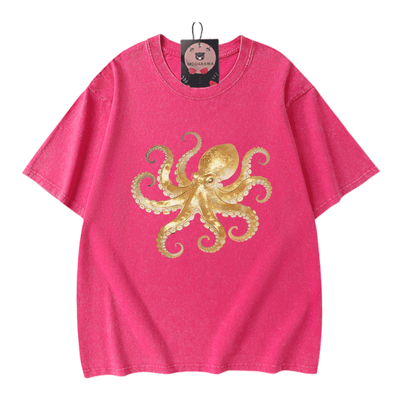 Modakawa Vintage T-Shirt mit Oktopus-Motiv, gewaschen, 100 % Baumwolle - Rose Red - 5XL - image 5