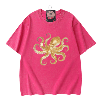 Modakawa Vintage T-Shirt mit Oktopus-Motiv, gewaschen, 100 % Baumwolle - Rose Red - 5XL - image 5