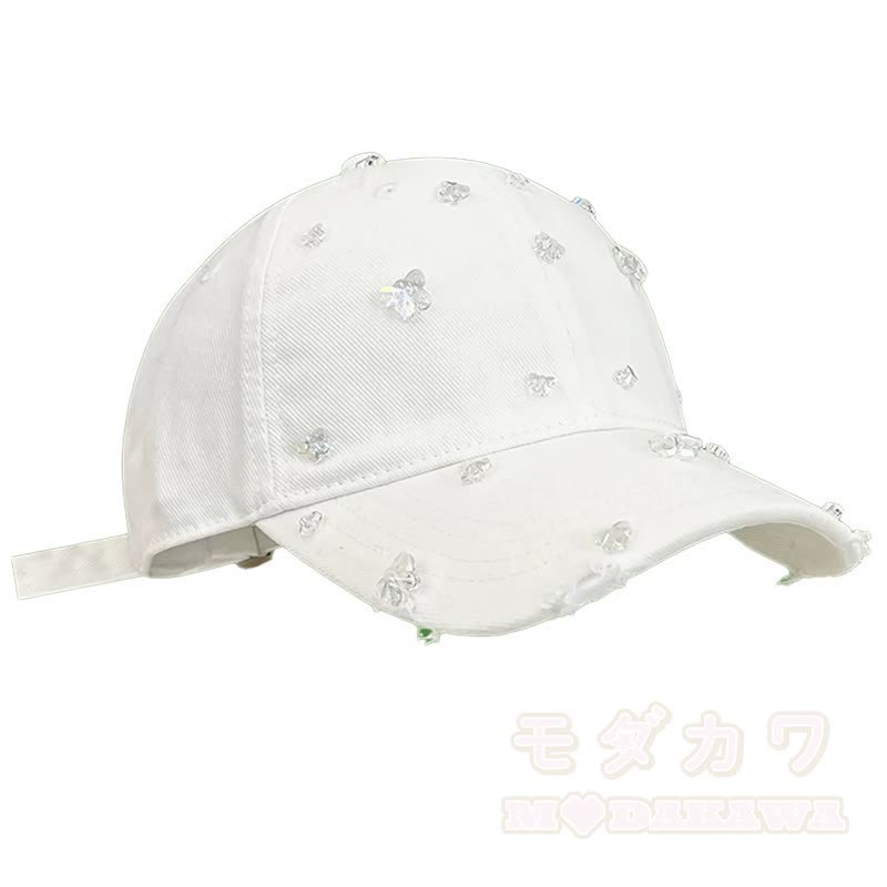 Baseballkappe mit Strasssteinen und Schmetterlingsmotiv im Used-Look - Weiß - image 6