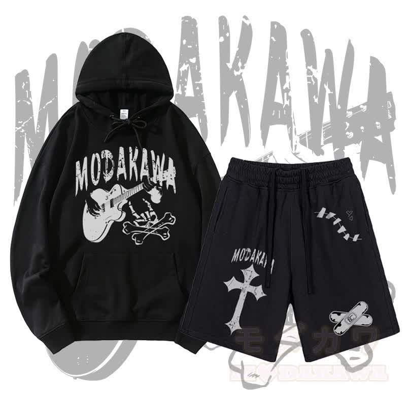 MODAKAWA Gitarrenschädel-Motiv-Pullover-Hoodie und Shorts mit Kreuzbandagen-Motiv und Kordelzug, zweiteiliges Set - Schwarz - 2XL - image 3
