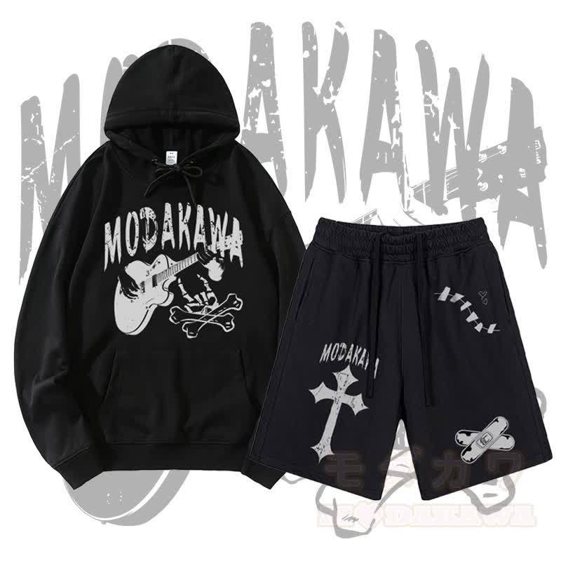 MODAKAWA Gitarrenschädel-Motiv-Pullover-Hoodie und Shorts mit Kreuzbandagen-Motiv und Kordelzug, zweiteiliges Set - Schwarz - 2XL - image 3